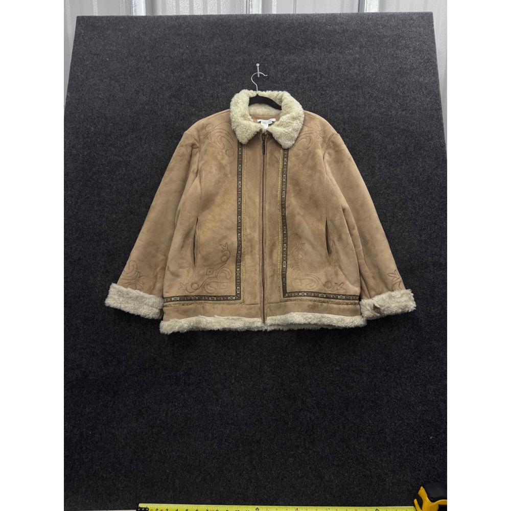 Coldwater Creek Faux Suede Shearling Trim Embroidered Jacket Tan Large LRG